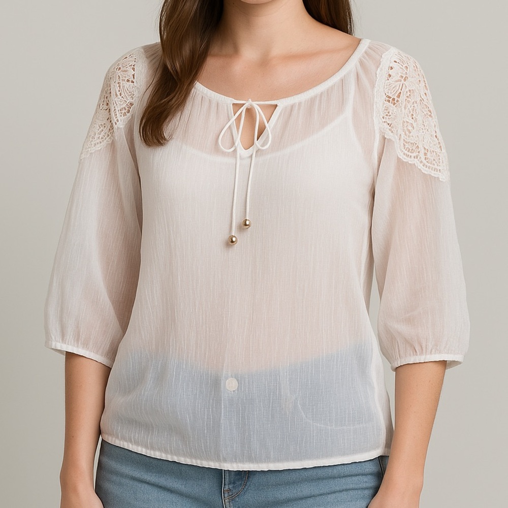 🆕Lady Dutch White Boho Blouse XS Crochet Lace Vacation Bohemian Cottagecore